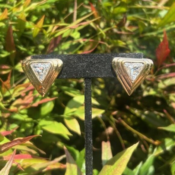 S.A.L SWAROVSKI Clear Crystal Triangle Gold Tone EARRINGS - Picture 3 of 8